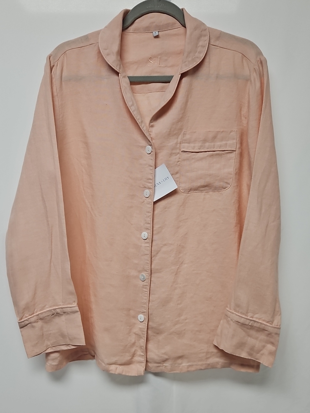 Serena & Lily Womens S Peach 100% Linen Pajama Shirt Button Front Sleep Top